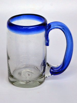 New Items / 'Cobalt Blue Rim' beer mugs (set of 6) / Imagine drinking a cold beer in one of these mugs right out of the freezer, the cobalt blue handle and rim makes them a standout in any home bar.
